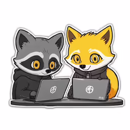 a laptop and a fox sitting side by side with each other