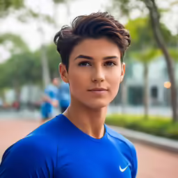a young man in a short sleeves wearing blue