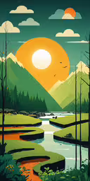 an art print of a landscape of a river surrounded by trees,the poster shows the landscape in green, yellow, and orange colors