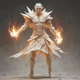 an action figure is displayed on fire as it stands with its arms outstretched