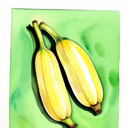 two bananas are on green surface near one another,two yellow bananas on a green surface