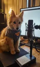 a dog wearing a sweatshirt while sitting on a table
