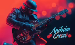 the man is wearing black playing his guitar