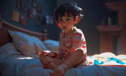 a little kid is sitting on a bed