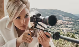 woman in white suit taking pictures of buildings with camera