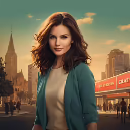 a girl posing for a poster with city in the background