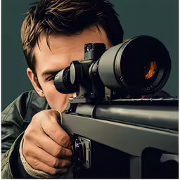 a man with an old - fashioned sight rifle pointing a scope towards the viewer