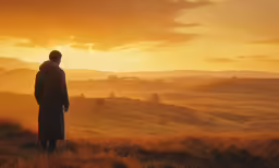 man in field at sunrise staring toward mountains