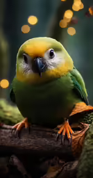 a green and yellow bird sitting on top of a wooden branch