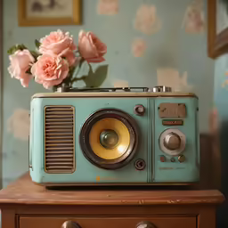 a flower vase sitting on top of an old fashioned radio