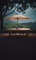 a table sits under an umbrella with chairs