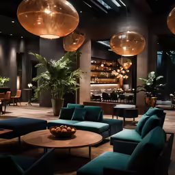 a lobby filled with blue couches and lighting