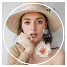 a girl wearing a hat and holding a flower in front of her face