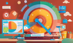 a computer monitor is being watched by many graphic screens,an art work of a colorful image of a laptop and desktop screen