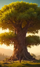 there is a tree with very tall green leaves,the sun shines behind a large tree with many twisted branches