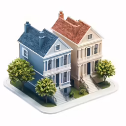 three large blue and yellow houses are on top of the tiny island