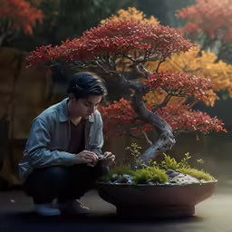 woman looking at small plant next to a bonsai tree