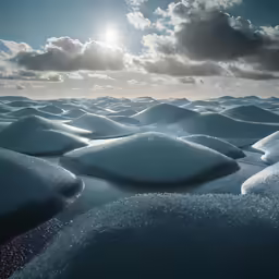 a snowy field with the sun in the clouds