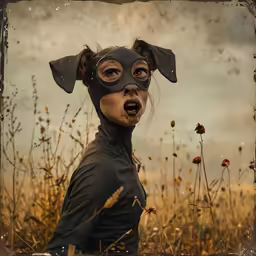 a creepy looking dog with a mask and hood