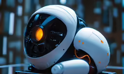 a close up shot of a robot with lights shining on it