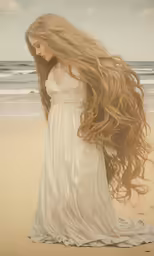 a woman wearing long flowing hair on the beach