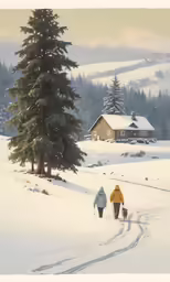 two people walking in the snow down a path near a cabin
