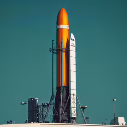 an orange rocket on a stand on the top of a building