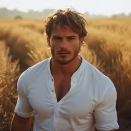 a young man standing in the middle of a field