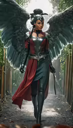 a woman dressed in a green outfit with big black wings