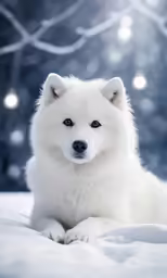 white dog looking at camera while lying on the ground