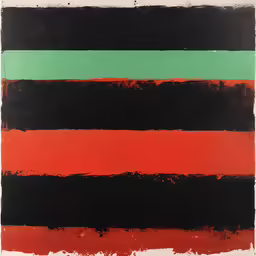 an abstract painting with black, red, and green strips