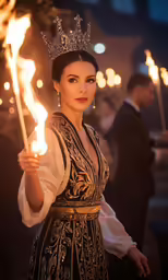 a woman holding a crown on her head and some fire in hand
