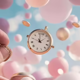 a person is holding a watch with an image of balloons in the background