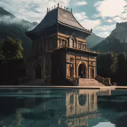 an old building stands next to a pool
