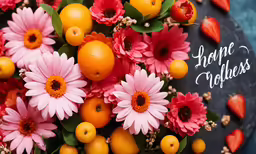 a bouquet of flowers on top of a plate filled with oranges