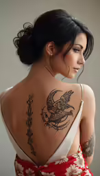 a young woman with tattoos on her back
