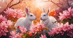 two rabbits are in the middle of pink flowers