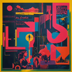 two women sitting on a chair in front of bright colors,a bunch of paintings that are made with paper and scissors