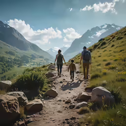 a family trekking up the side of a mountain
