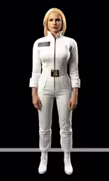 a female in white stands against a black background