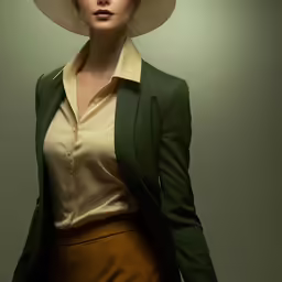 an attractive woman dressed in a green jacket and hat