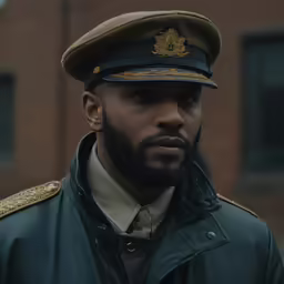 a man in military uniform stands in front of an old brick building
