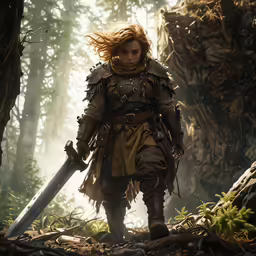 a female warrior in the woods carrying a sword