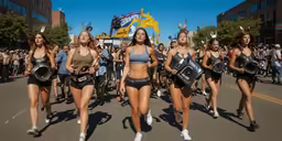 a group of young women dressed in bikinis walk down the street