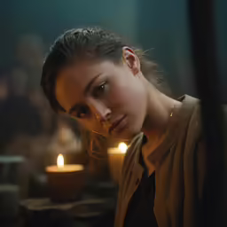 young woman in the middle of two lit candles