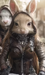 a pair of mice dressed in costumes, one wearing a leather jacket and the other wears an all leather outfit