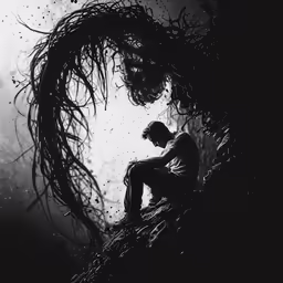 black and white photograph of a man sitting next to a monster head