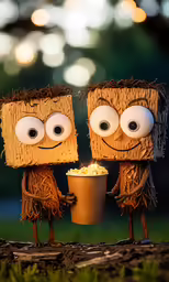 two brown cardboard toys holding a cup with food in it