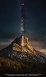 the night sky is reflecting off of a rocky mountain peak