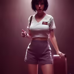 a 3d woman wearing shorts and holding a suitcase